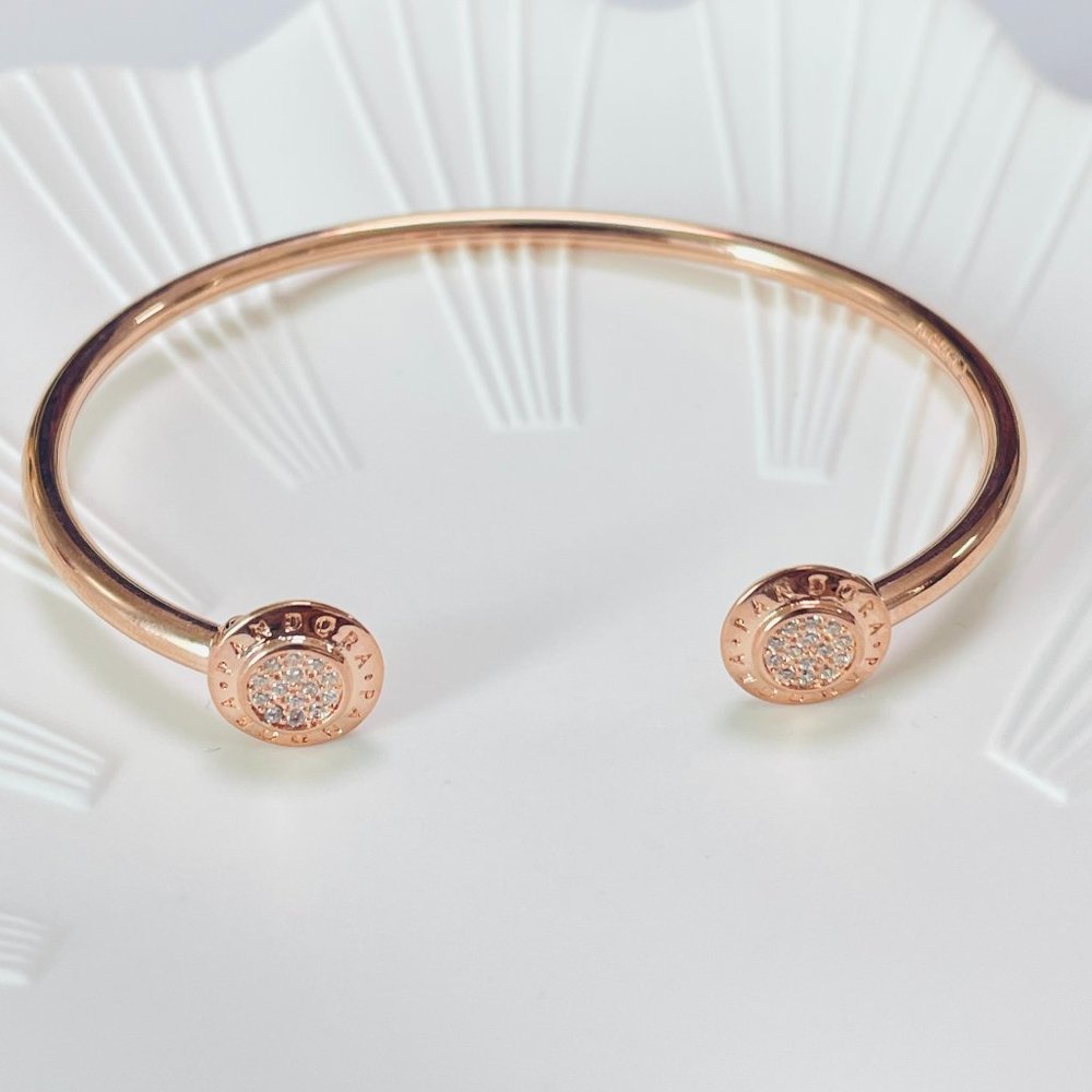 Pandora Rose 14K Rose Gold Plated CZ Logo Open Pave Bangle